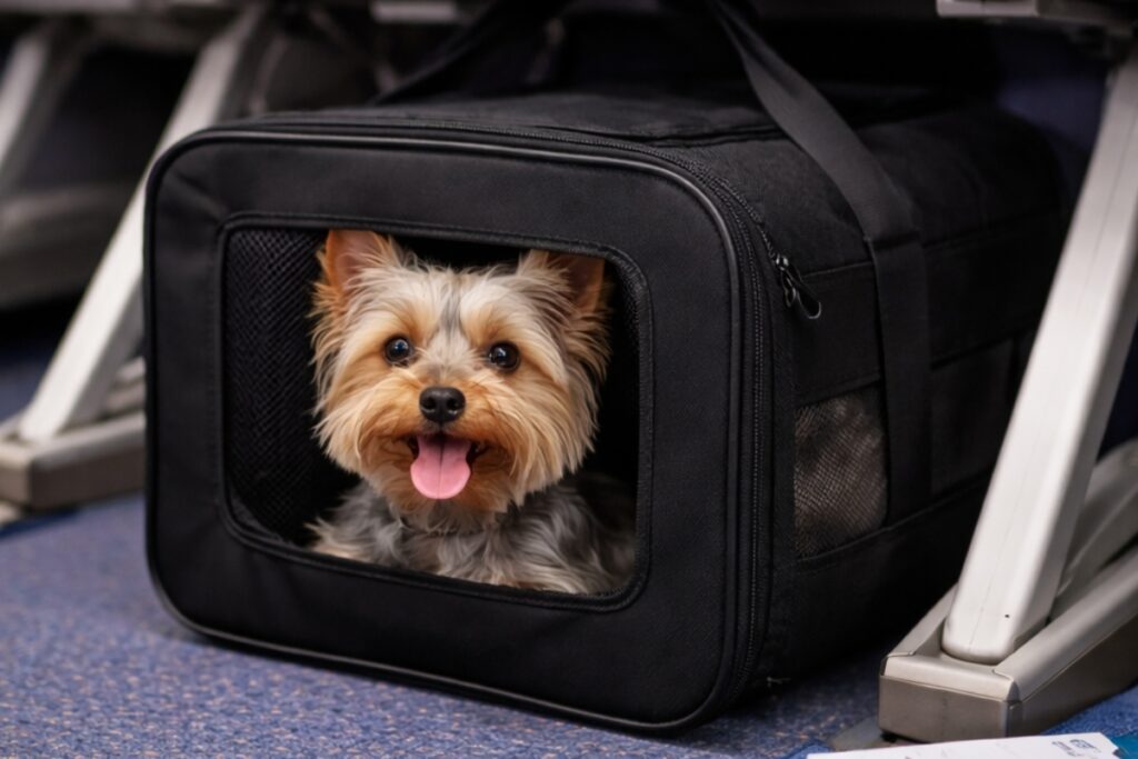 cachorro dentro da bolsa transporte na cabine do avião